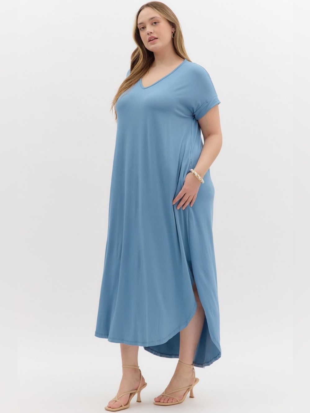 🆕 Entro Solid jersey knit V-neck round hem maxi dress - Picture 2 of 7